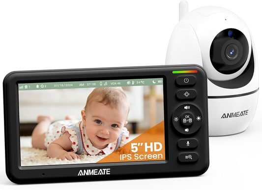 Baby Monitor with Camera and Audio – 720P Baby Camera No Wifi, 5" HD Display,Remote Pan& Tilt& Zoom, 48 Hours Battery Life, HD Night Vision, Two-Way Talk, Lullabies, Thermal Monitor, 1000Ft Range