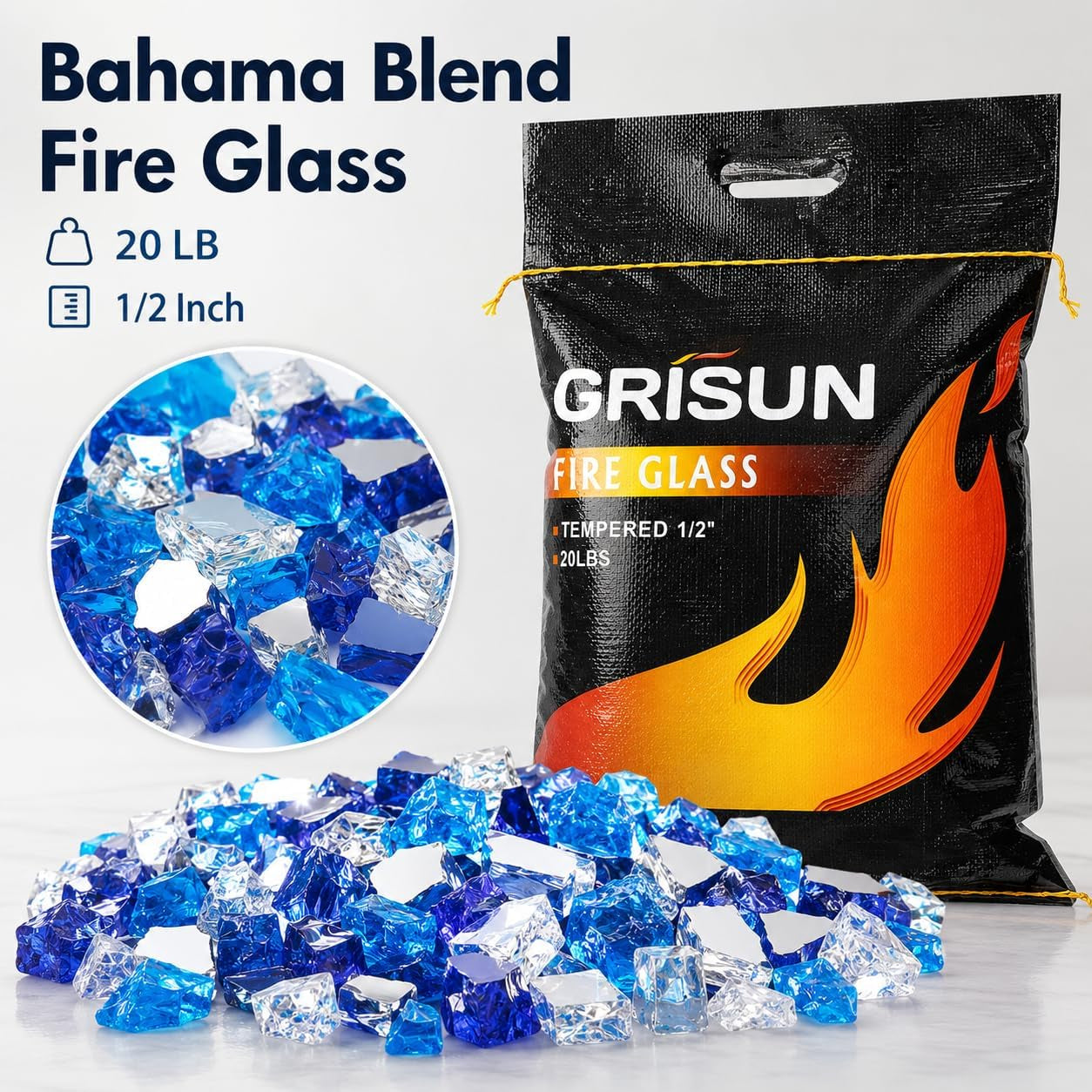 20 Pounds Bahama Blend Fire Glass for Fire Pit - 1/2 Inch High Luster Reflective Tempered Glass Rocks for Natural or Propane Fireplace, Safe for Outdoors and Indoors